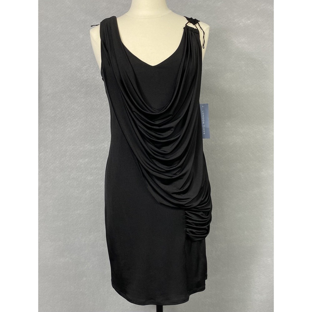 London Times Women 8 Sheath Dress Black Asymmetrical Draping Stretch LBD NWT